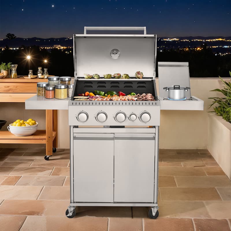 42,000 BTU 4-Burner Stainless Steel Gas Grill with Side Burner – Heavy-Duty Cast Iron Grates– Silver
