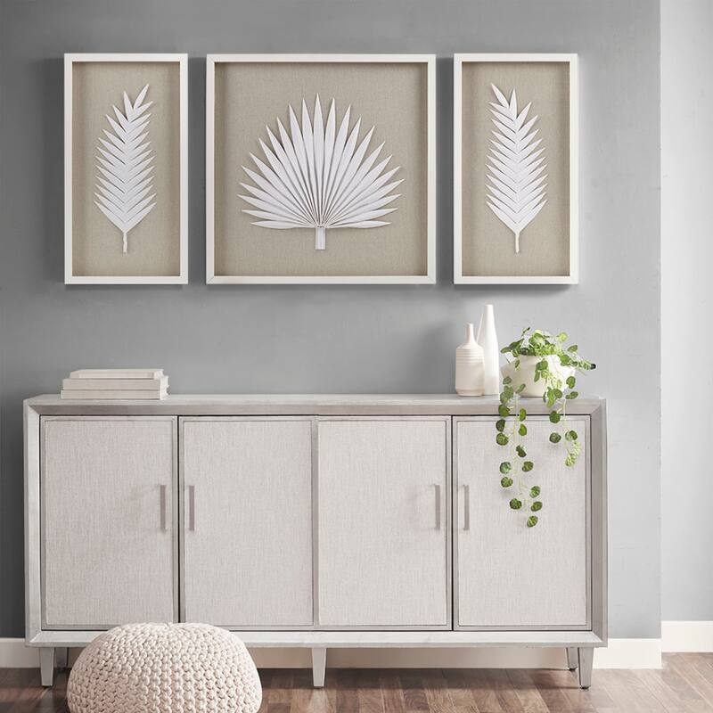 Roomfitters 3-Piece Framed Rice Paper Palm Leaf Shadowbox Wall Decor Set, White Coastal Botanical Art for Living Room