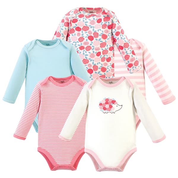 slide 1 of 1, Touched by Nature Baby Girl Organic Cotton Long-Sleeve Bodysuits 5pk, Rosebud 0-3 Months - Rosebud