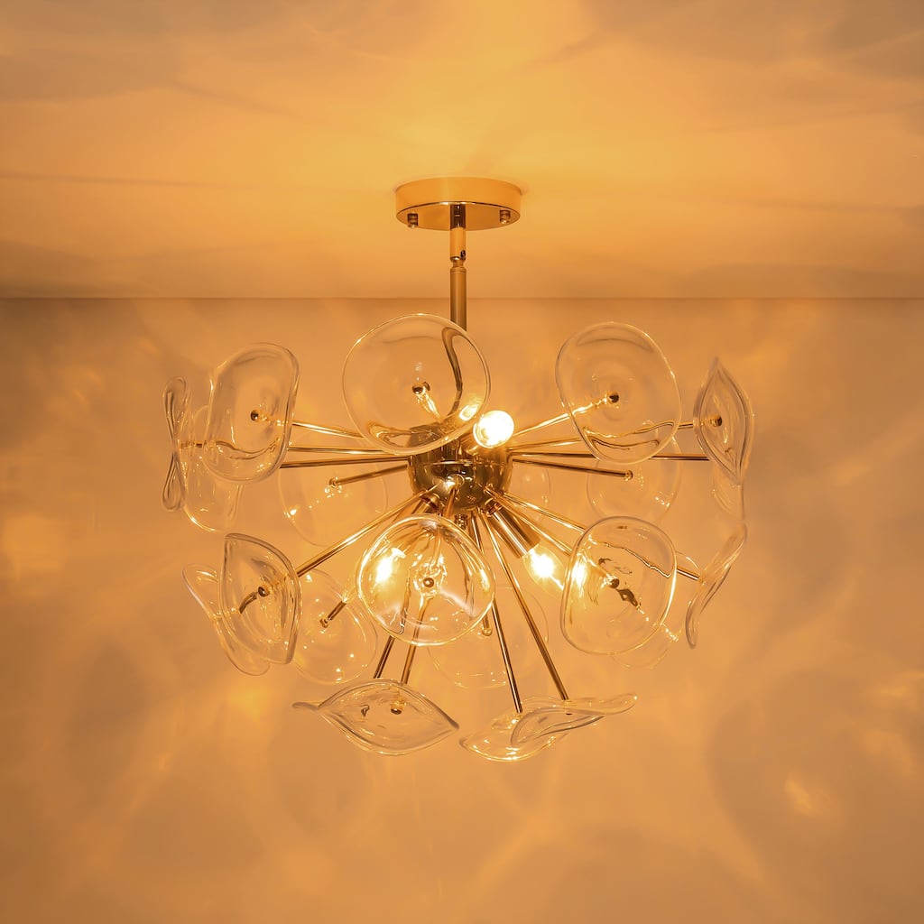 4-Light Modern Gold Cluster Sputnik Starburst Firework Clear Glass Panel Semi-Flush Mount Ceiling Light
