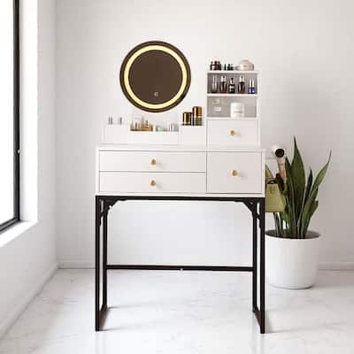 Makeup Vanity Table with Lighted Mirror & Power Outlet - Storage Drawers, Bookshelves & Iron Bracket