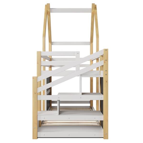 slide 2 of 6, White Storage Staircase House Bunk Bed with 2 Blackboards, Twin Bed Frame