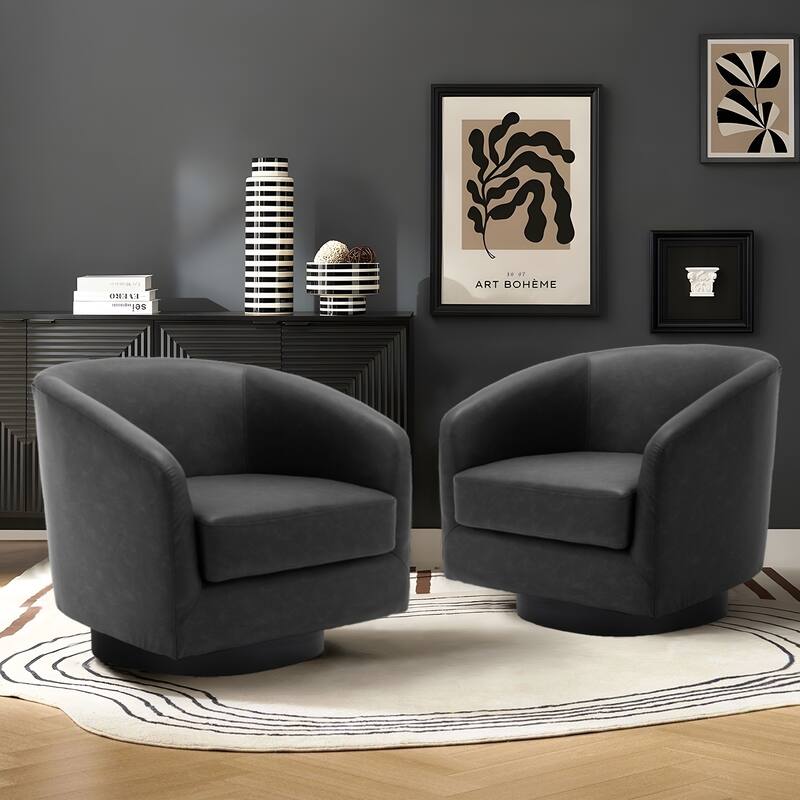 2 Set Modern Vegan Faux Leather Swivel Barrel Accent Chair