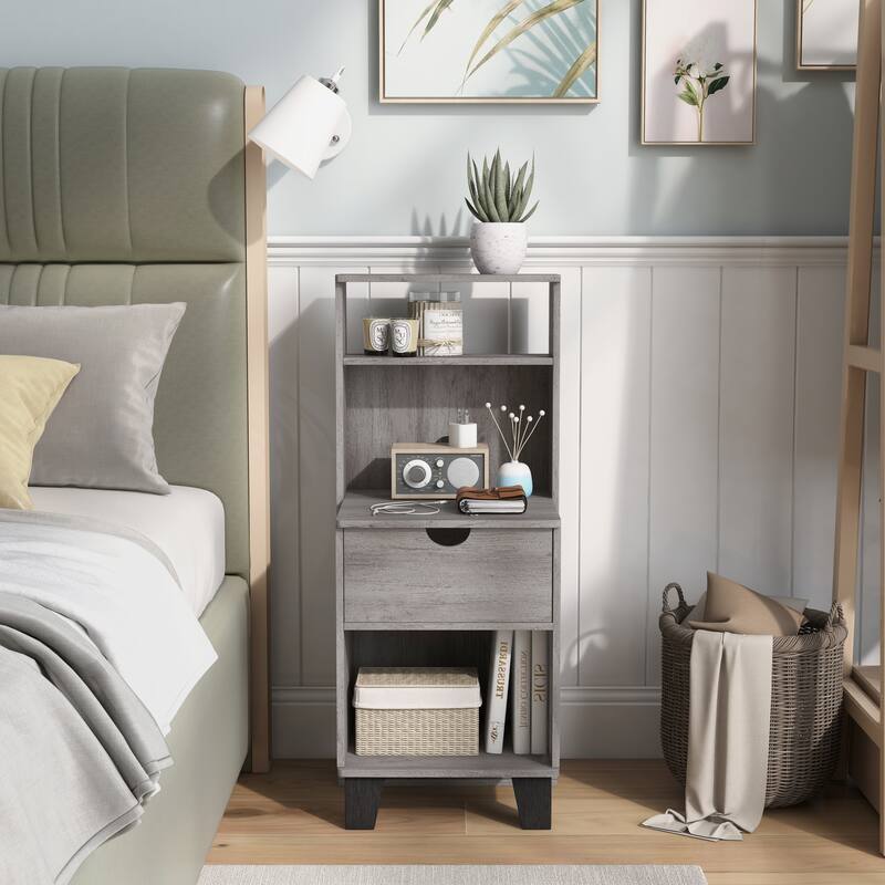 DH BASIC Transitional Compact 3-Shelf Single-Drawer Nightstand by Denhour