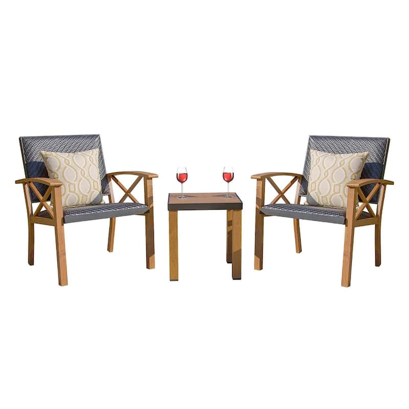 Patio Bistro Set 3 Pieces with Wicker Padded Porch Chairs, Coffee Table, Outdoor Conversation Set with Pillows - Yellow Brown