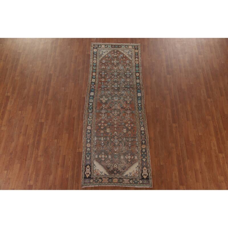 Hand Knotted Oriental 100% Wool Carpet Traditional Geometric Oranges & Rust Hamedan Runner Rug - 9' 1'' X 3' 3''