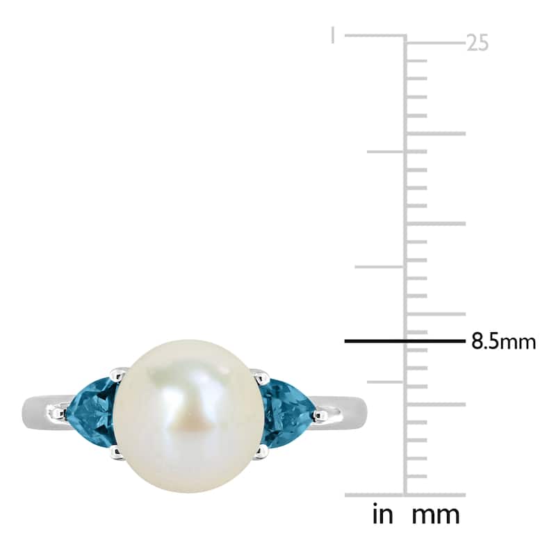 Miadora 8-8.5mm Cultured Freshwater Pearl 5/8ct TGW London Blue Topaz Ring 10k White Gold