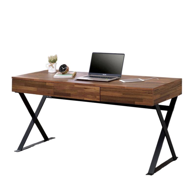GDFStudio - Ethan Industrial Computer Desk with X-Cross Legs, Three Storage Drawers, USB and Power Outlets