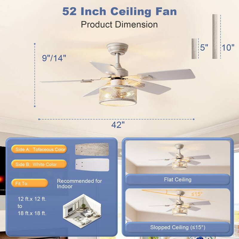 42-52Inch Caged Ceiling Fans with Lights: Dual Finish 5 Blades - Rustic with Remote Control (E26 Bulb Included)