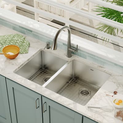 Karran Elite Undermount Stainless Steel 33 in. 16-Gauge Double Bowl KItchen Sink Kit