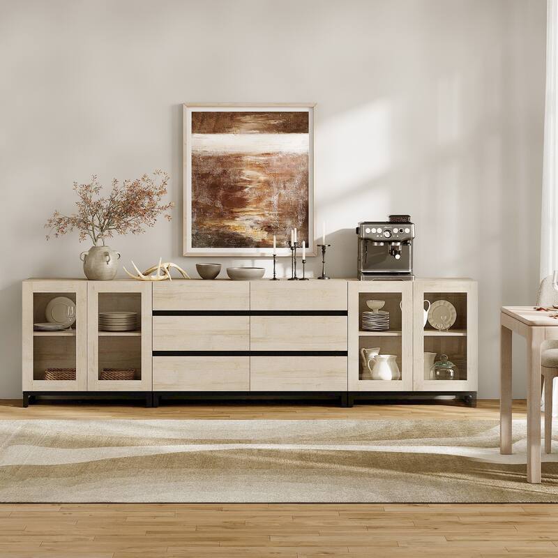 WAMPAT 3 in 1 Multifunctional Dresser with Glass Doors and 6 Drawers, Modern Chest of Drawers for Bedroom