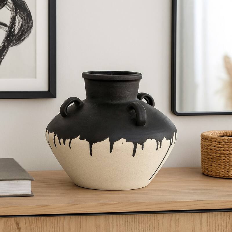Caleb Accent Vase with Drip Pattern, Angled Handles Black Gray Ceramic