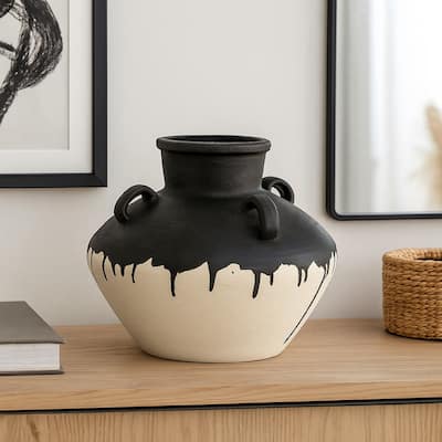 Caleb Accent Vase with Drip Pattern, Angled Handles Black Gray Ceramic
