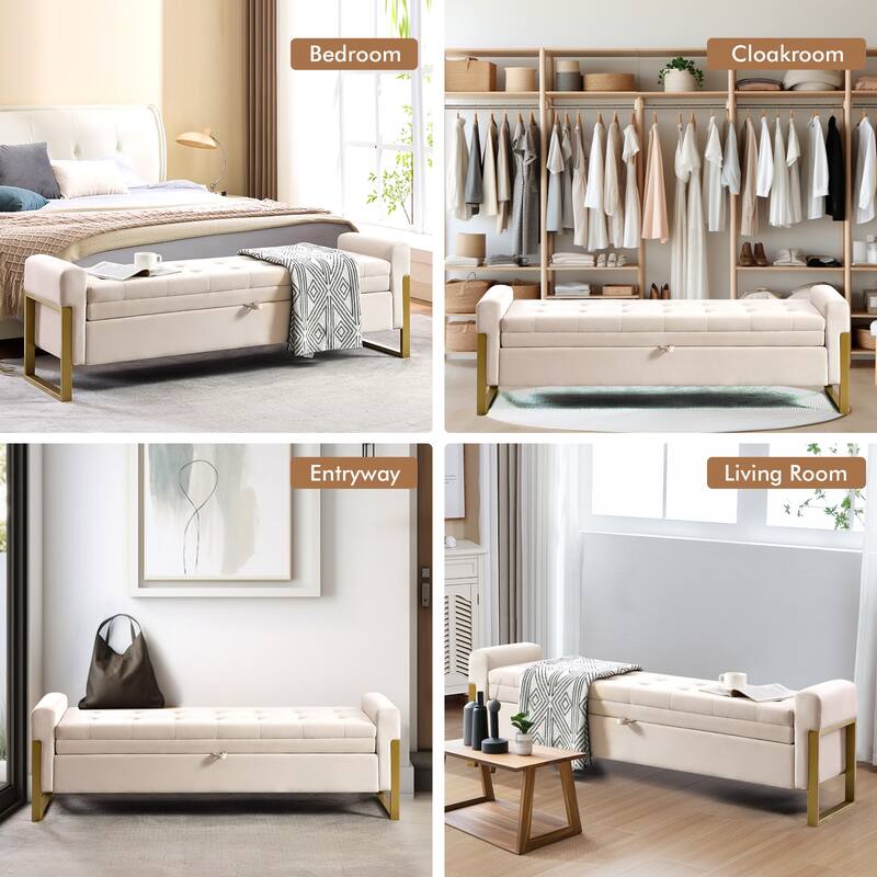 66" Storage Bench for Bedroom End of Bed with Double Lids and Gold Legs