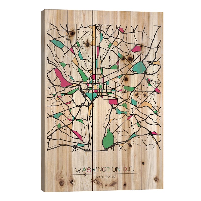 Washington D.C., Usa Map Print On Wood by Ayse Deniz Akerman - Multi-Color - 40x26x1.5