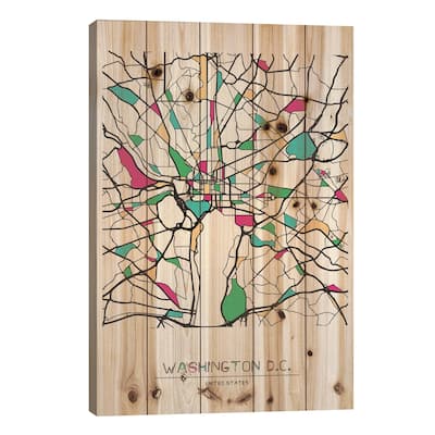 Washington D.C., Usa Map Print On Wood by Ayse Deniz Akerman - Multi-Color
