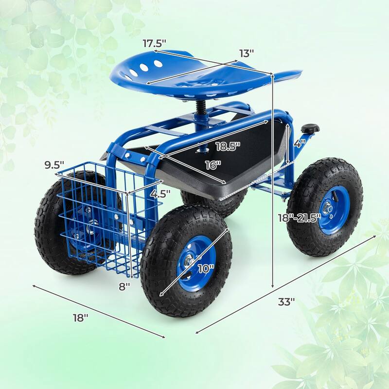 Gymax Cart Wagon Rolling Work Seat w/ Tool Tray Basket Planting Patio