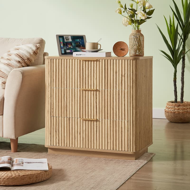 3 Drawers Drasser 2pcs, 27.6'' Wide Modern Chest Of Drawers Curved Wave Design,Nightstand,Wood Drawer Organizer - Oak