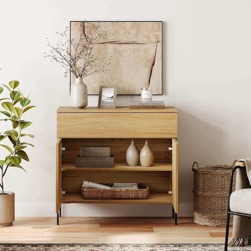 63" Wooden Reeded Sideboard With Doors And Drawers, 3-In-1 Modern Credenza With Charging