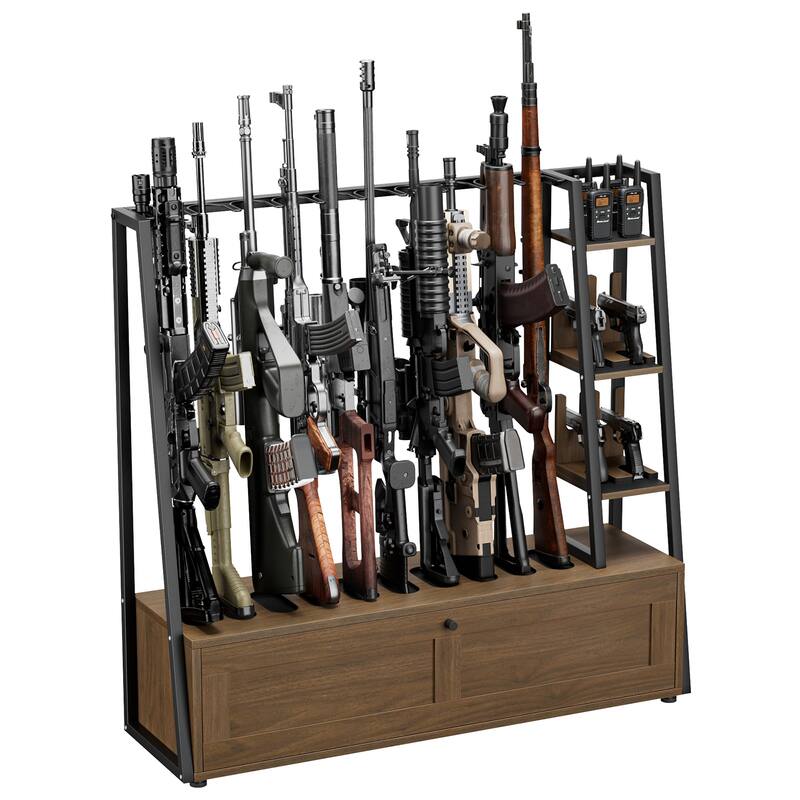 Anmytek Wooden Gun Rack - Floor Standing Display with Pistol Rack, Holds 10 Long Guns & 4 Handguns