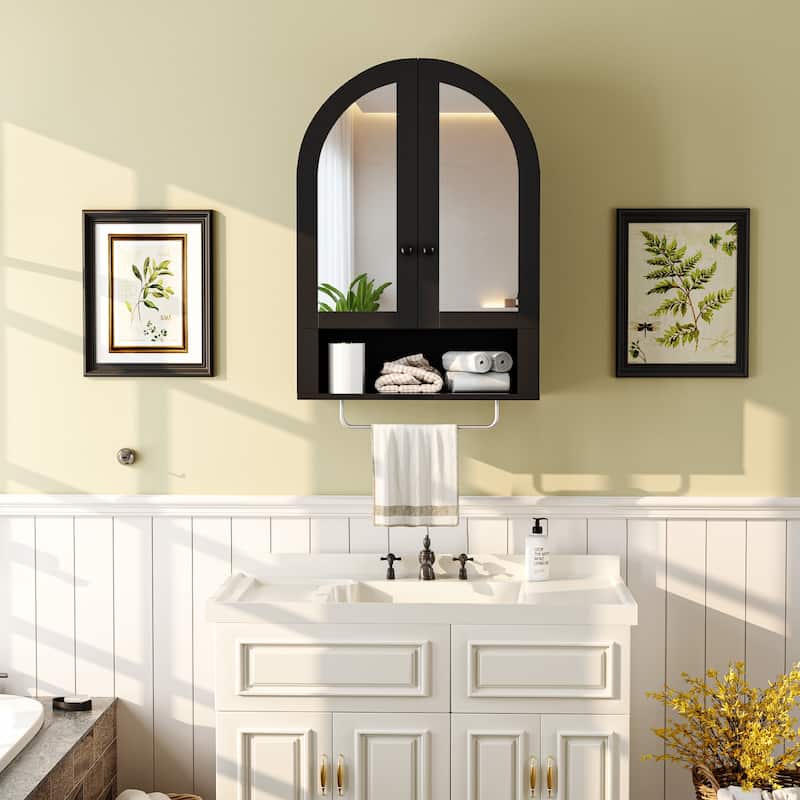 Wall Mounted Arched Cabinet with Mirrored Doors and Adjustable Shelves for Laundry Room, Bathroom, Kitchen