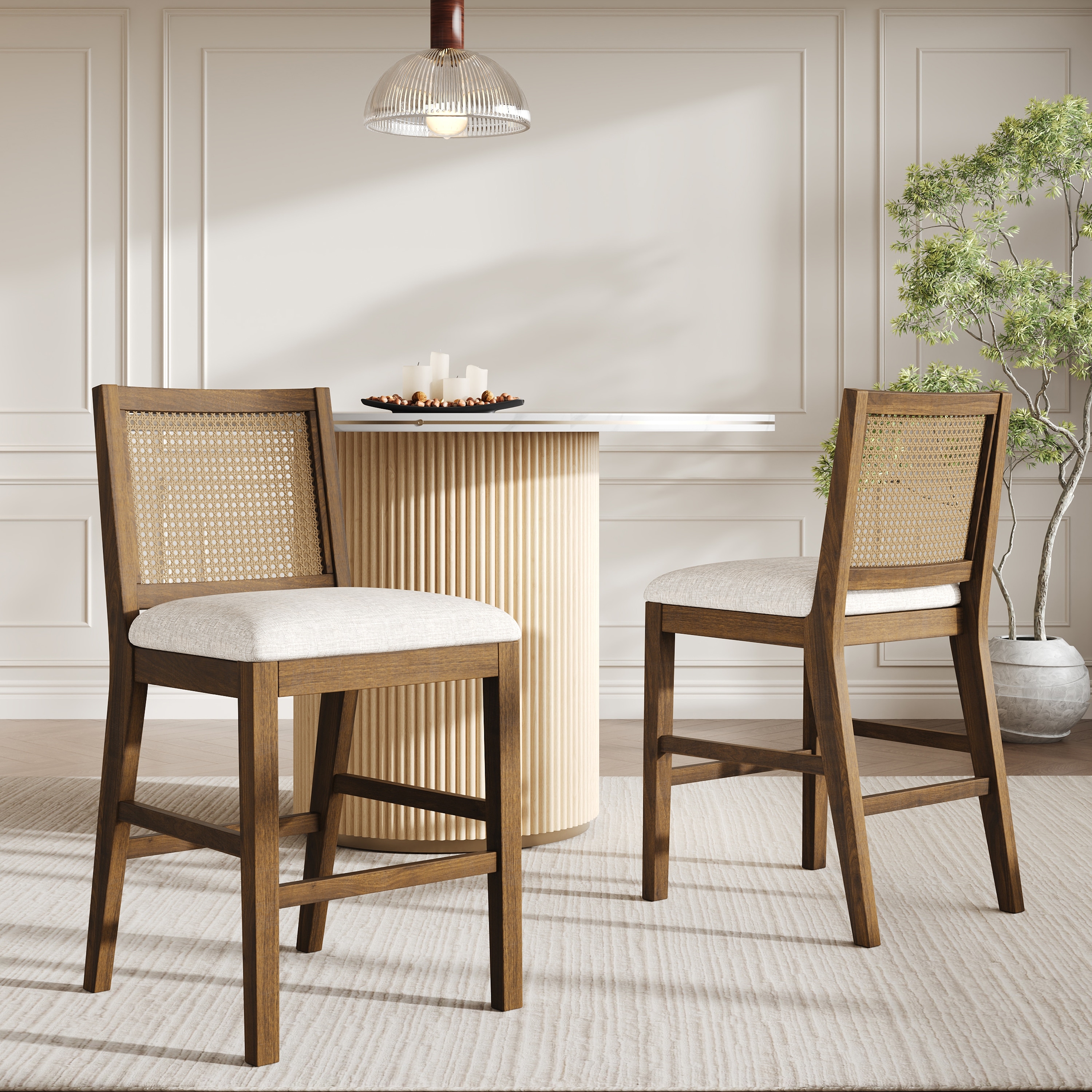 Christopher Knight Home - French Country Wood & Rattan Counter Stools with Upholstered Seat - Set of 2
