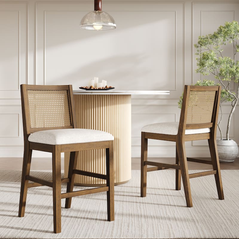 Christopher Knight Home - French Country Wood & Rattan Counter Stools with Upholstered Seat - Set of 2 - Brown