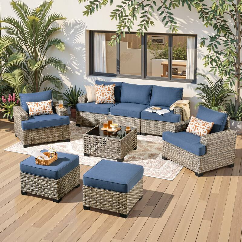 HOOOWOOO 8-piece Outdoor Wicker Patio Furniture Set with Coffee Table - Denim Blue