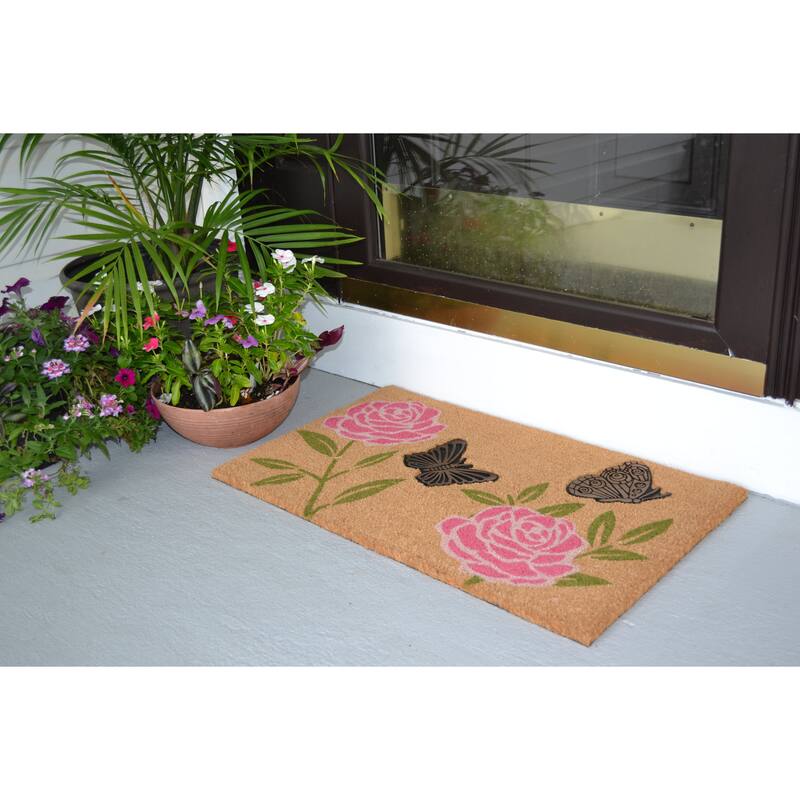 Flowers Butterflies Outdoor Coir Non Skid Doormat