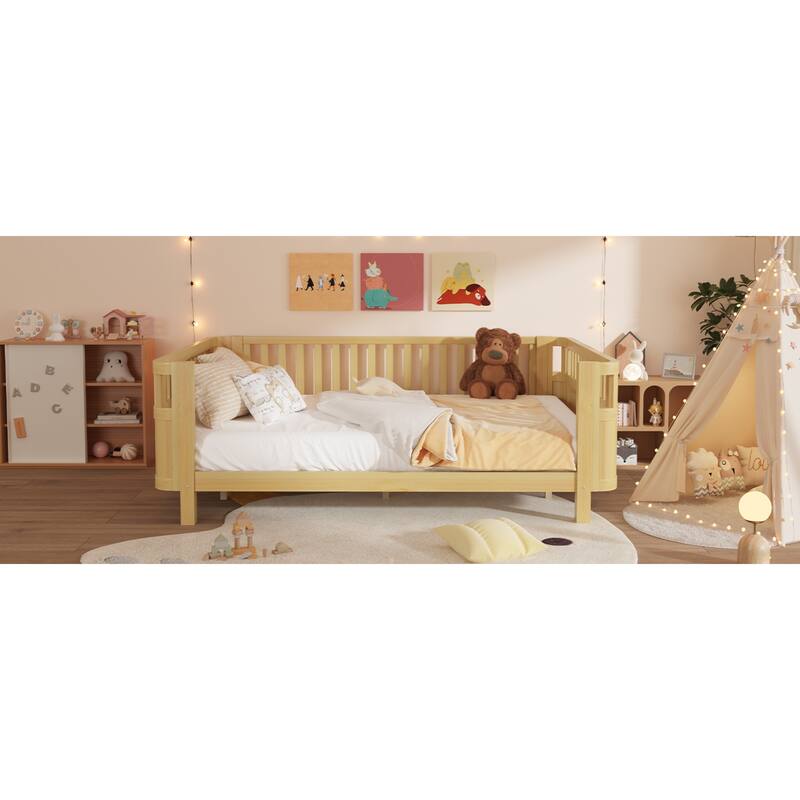 Roomfitters Queen Platform Bed, Low Profile Slatted Daybed with Wooden Frame and Removable Guardrails for Bedrooms