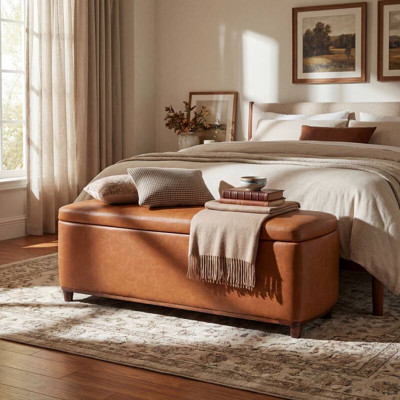 Christopher Knight Home - Modern Aero Upholstered Storage Ottoman Bench with Solid Wood Legs and Lift-Top Storage - Tan+Brown+Faux Leather