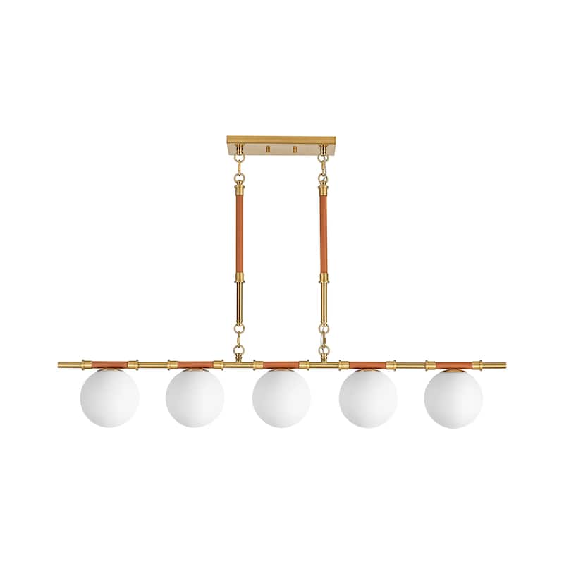 Modern French 5-Light Linear Chandelier in Brushed Brass with Textured Lychee Rods and Opal Globe Shades