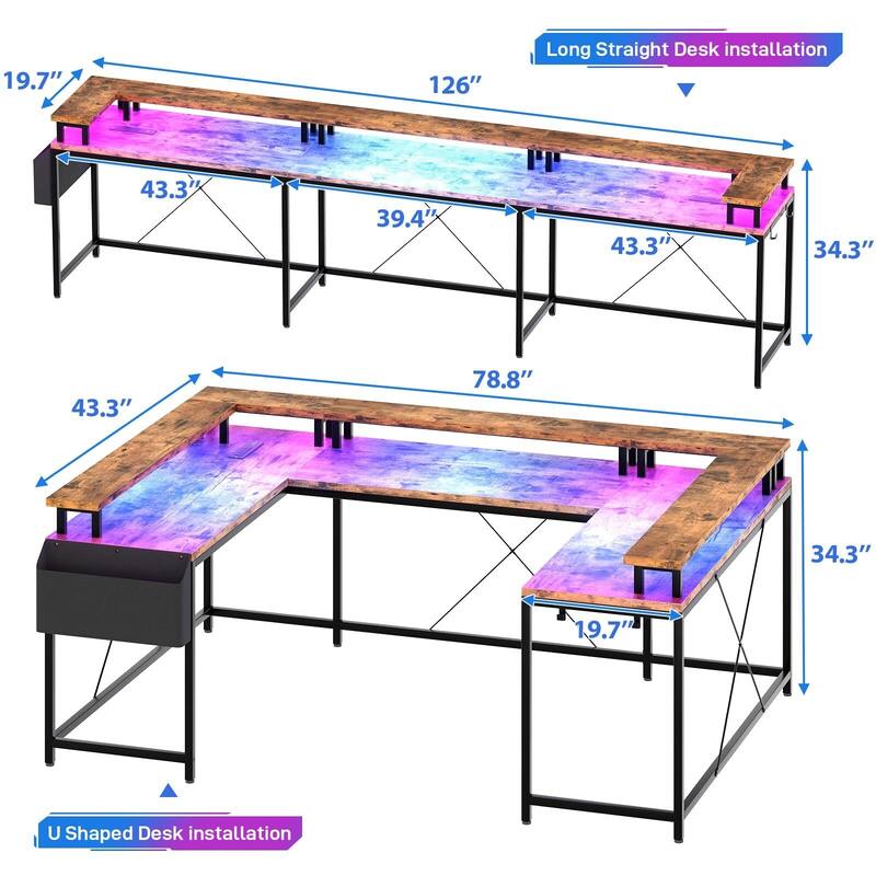 U Shaped Desk, 126 Inch Gaming Desk with Monitor Stand and LED Lights
