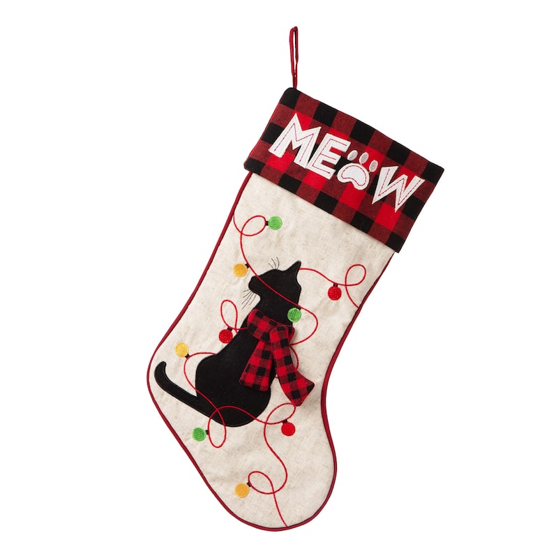 Glitzhome 21"L LED Embroidered Linen Reindeer Cat Dog Christmas Stockings - Cat