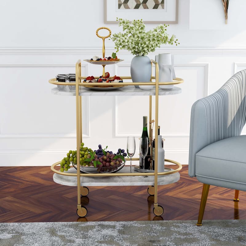 Mardoc Contemporary White and Gold Faux Marble Two Tiers Serving Cart with Caster Wheels by Furniture of America