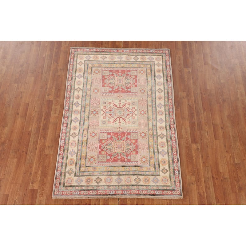 Geometric Kazak Oriental Area Rug Bedroom Hand-Knotted Wool Carpet - 4'0"x 6'0"