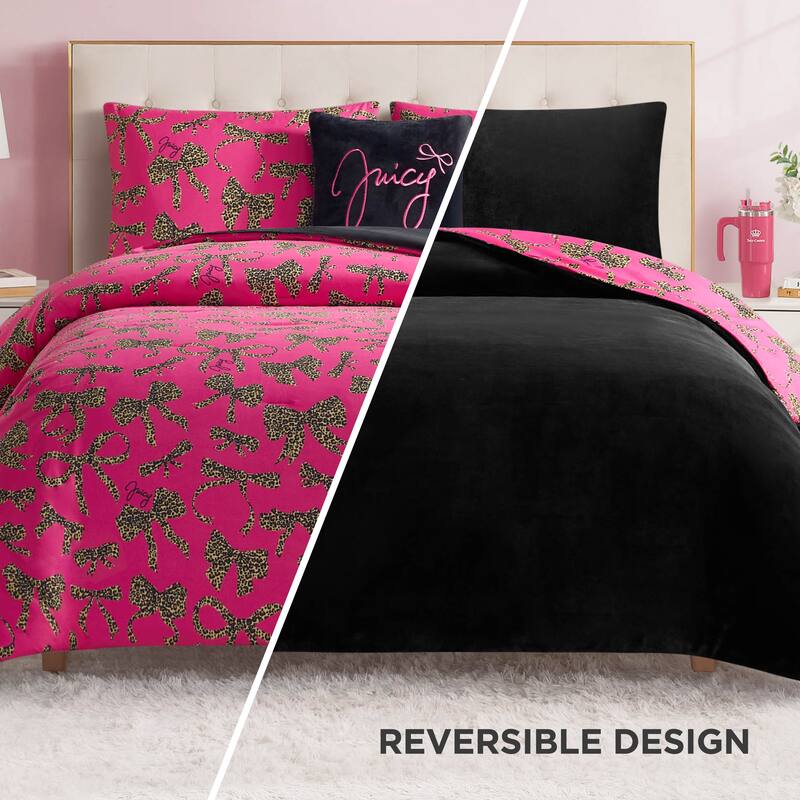 Juicy Couture Solid Plush Reversible Cheetah Bows Comforter Sets