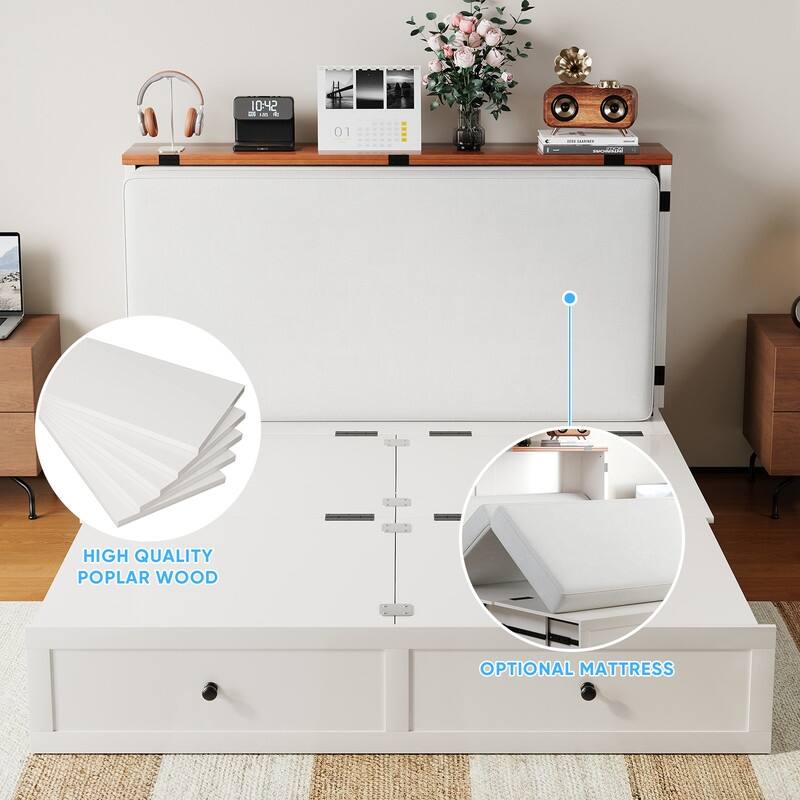 Mixoy Modern Full/Queen Size Murphy Bed Chest with Mattress and Storage