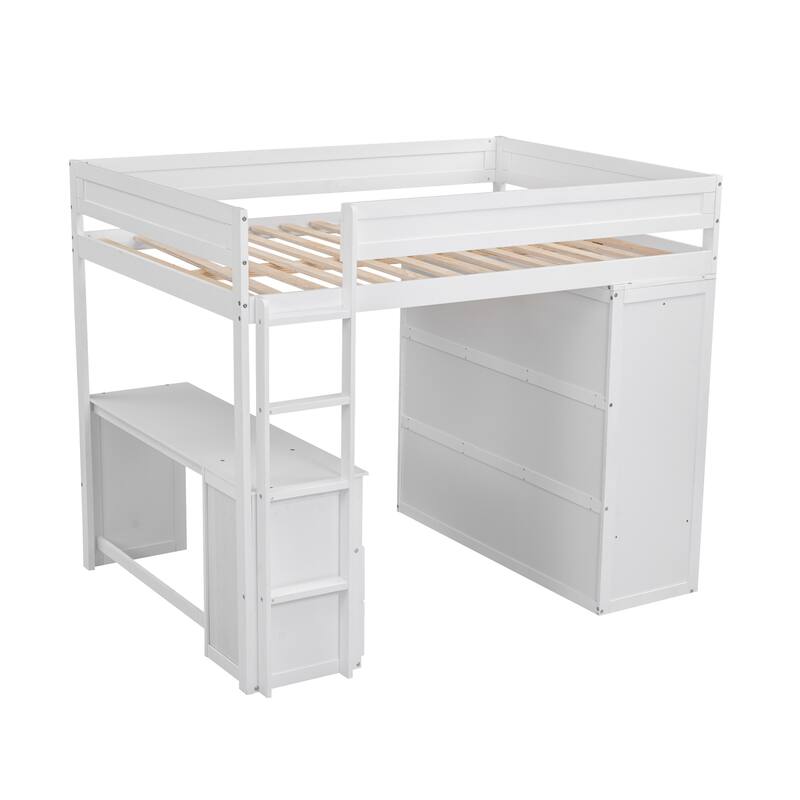 Full Size Loft Bed with Sliding Doors Wardrobe with All-in-One Drawers Desk, Wood Loft Bed with Ladder and Guardrail - White