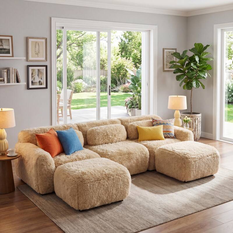 Homy Casa Light Khaki Modular Sectional Sofa, Soft Plush Fabric Cloud Couch with Anti-Slip Base & Decorative Pillows - Khaki6