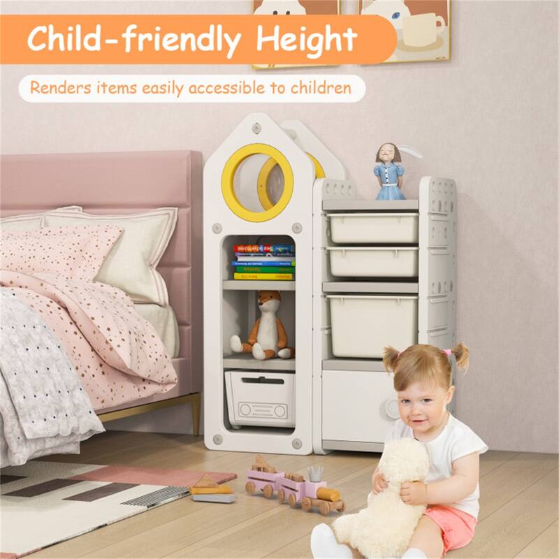 Beige Toy Organizer with Mobile Trolley and 3 Bookshelves Cabinet Large and Small Storage Bins - 34" x 15" x 47"