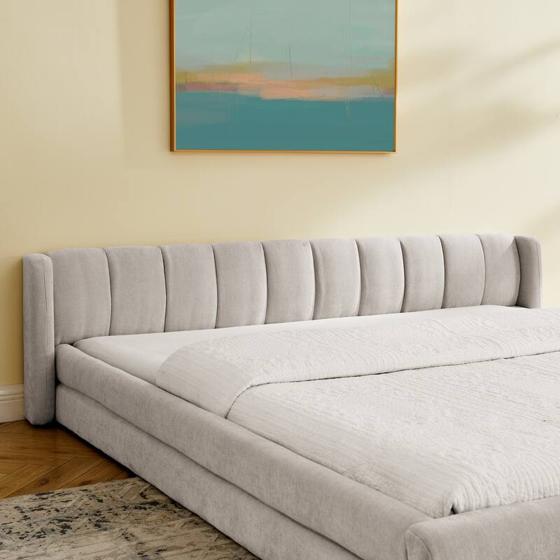 Chenille Fabric Upholstered Low Profile Platform Bed, Thick Fabric Frame Grounded Bed, Low Wingback Floor Bed