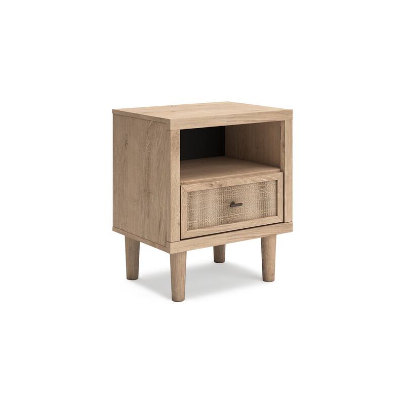 Ciel Nightstand w USB LED, Faux Linen Laminate, Cane Drawer, Oak Brown