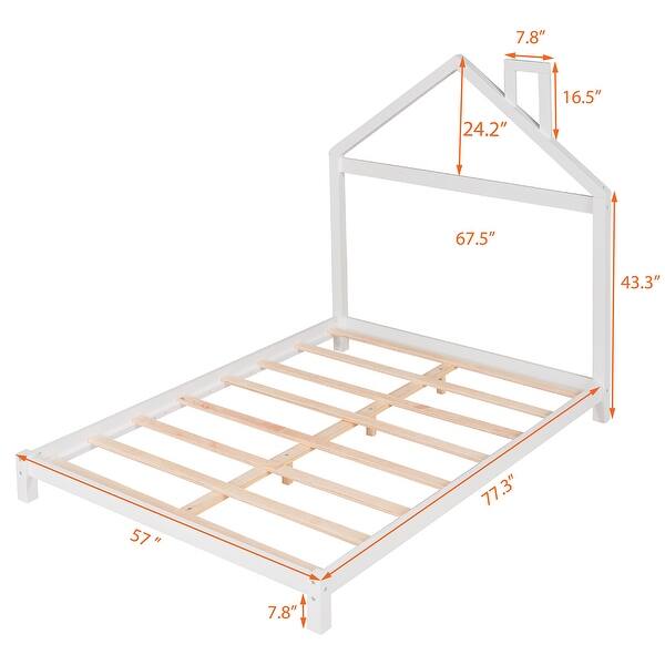 dimension image slide 6 of 8, Wooden Platform Bed with Wood Slat Support, Modern Solid Wood Kids Bed Frame with House-shaped Headboard, No Box Spring Needed