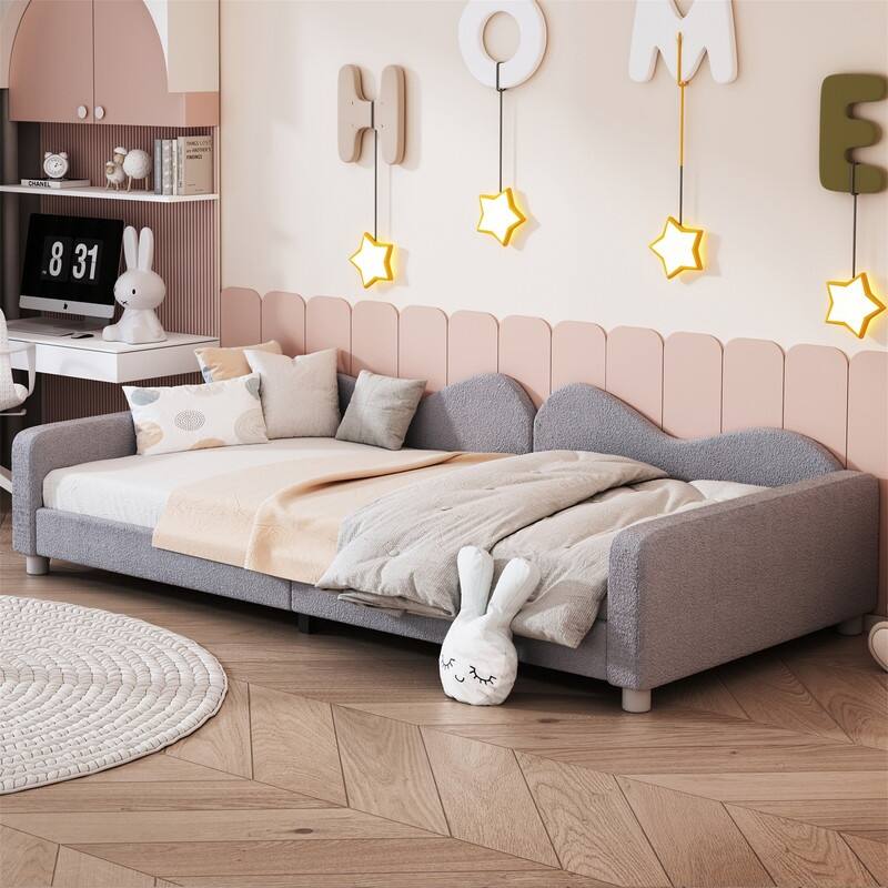 Upholstered Daybed with Cloud-Shaped Backrest, Twin/Full Size Sherpa Fabric Daybed Frame Sofa Bed with Support Legs for Kids