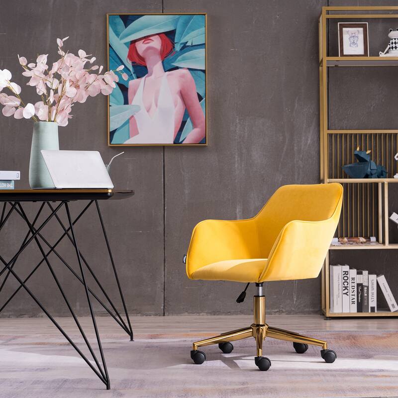Modern Upholstered Home Office Chair with Adjustable Height & Gold Metal Legs, 360° Swivel