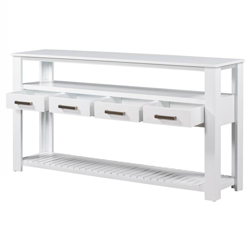 Entryway Table with 4 Drawers,Painted Console Table with 3-Tier Open Shelves and Metal Handles,Versatile Hallway Sofa Table