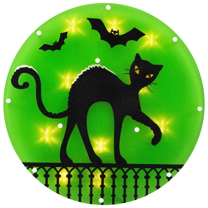 Lighted Black Cat with Bats Halloween Window Decoration - 13.75"