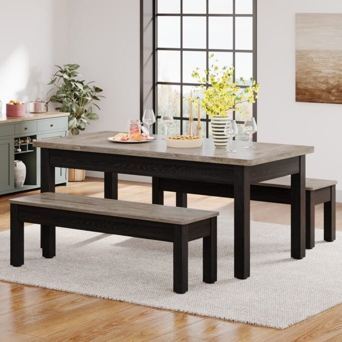 Wood Dining Table Set, 55-Inch Kitchen Table with 2 Benches for 4-6