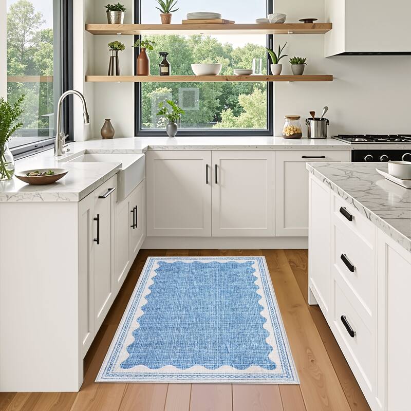 Scalloped Pattern Rugs for Living Room Bedroom Soft Non Slip Low Pile Throw Carpet Washable Foldable Area Rug